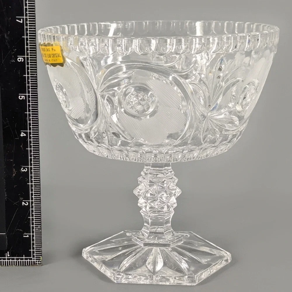Vintage Italian Hand Cut Lead Crystal Pedestal Bowl 24% Pbo Floral Compote 6.75